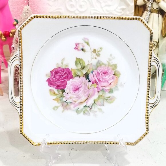 Antique C.T. Altwasser Beaded Pink Roses Cake Plate Germany Carl Tielsch Silesia